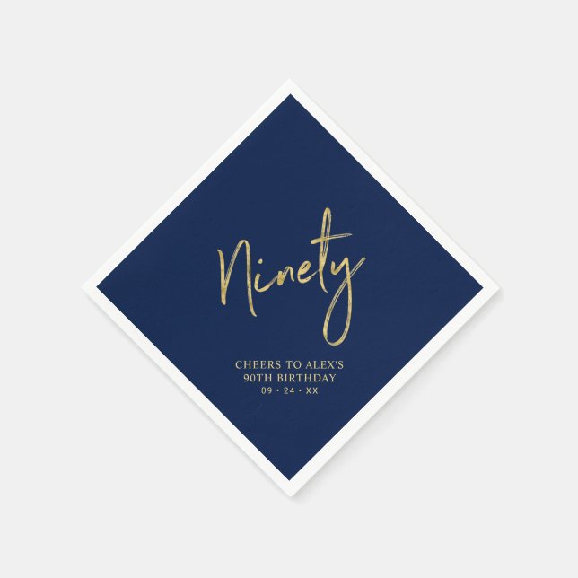 Cheers to Ninety Gold & Navy 90th Birthday Party Napkin (Corner)