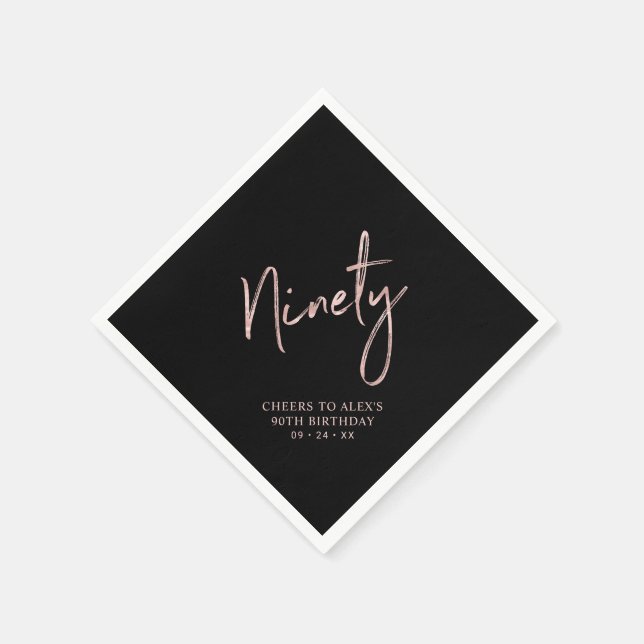 Cheers to Ninety Rose Gold & Black 90th Birthday Napkin (Corner)