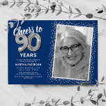 Cheers to Ninety Years 90th Birthday Photo Invitation<br><div class="desc">Elegant ninetieth birthday party invitations featuring a stylish blue background that can be changed to any colour,  a photo of the birthday girl / boy,  silver sparkly glitter,  ninety silver hellium balloons,  and a modern 90th birthday celebration text template that is easy to personalise.</div>