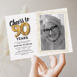 Cheers to Ninety Years 90th Birthday Photo Invitation<br><div class="desc">Celebrate the grand milestone of turning ninety with our elegant birthday party invitations. With a customisable trendy white background, a personal photo spot, and golden accents, these invitations are sure to leave a lasting impression. The gold helium balloon details add a touch of magic, while the modern 90th birthday text...</div>