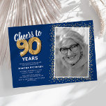 Cheers to Ninety Years 90th Birthday Photo Invitation<br><div class="desc">Elegant ninetieth birthday party invitations featuring a trendy blue background that can be changed to any colour,  a photo of the birthday girl / boy,  gold sparkly glitter,  ninety gold hellium balloons,  and a modern 90th birthday celebration text template that is easy to personalise.</div>