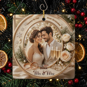 Cheers to Our First Christmas Mr And Mrs Newly-Wed Ceramic Ornament