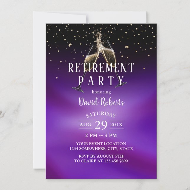 Cheers To Retirement Champagne Toast Modern Purple Invitation (Front)