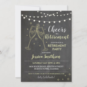Cheers to Retirement Party Chalk Lights Champagne Invitation
