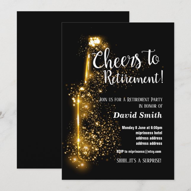 Cheers to Retirement, retired, wine, glitter Invitation (Front/Back)