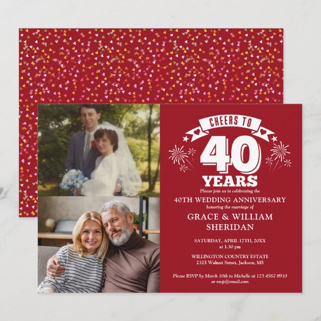 Cheers To Ruby 40th Wedding Anniversary 2 Photo Invitation (Front/Back)