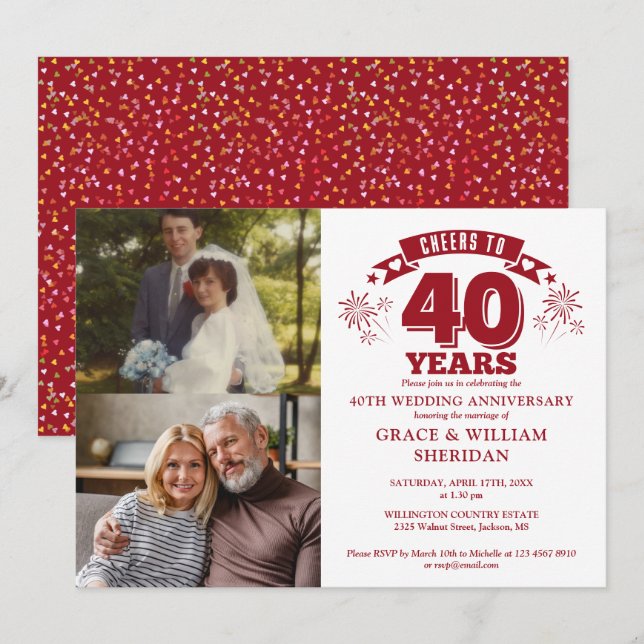 Cheers To Ruby 40th Wedding Anniversary 2 Photo Invitation (Front/Back)