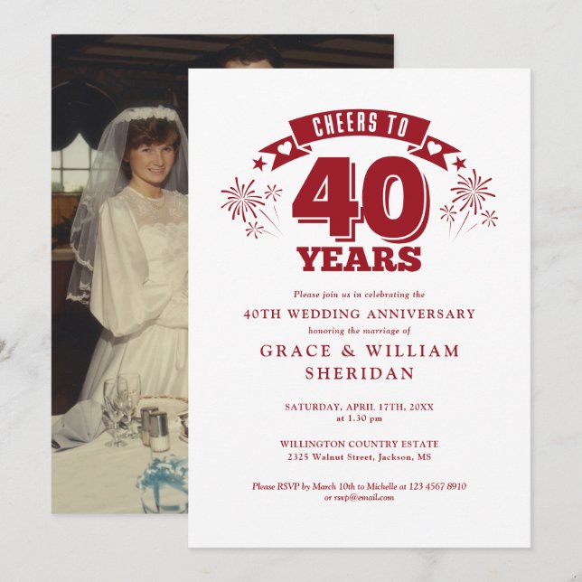 Cheers To Ruby 40th Wedding Anniversary Photo Invitation (Front/Back)