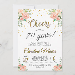Cheers to Seventy Years Ladies 70th Birthday Party Invitation