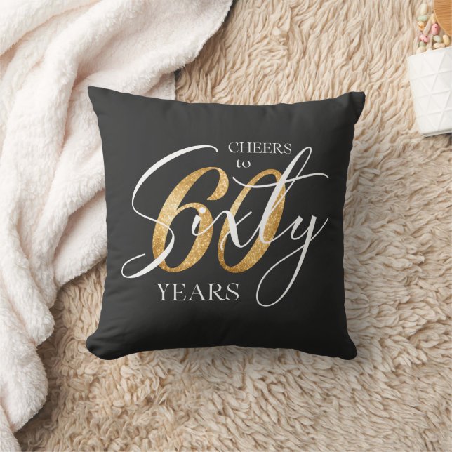 Cheers to Sixty | 60th Black Gold Glitter Birthday Cushion (Blanket)