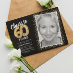 Cheers to Sixty Years 60th Birthday Photo Invitation<br><div class="desc">Elegant sixtieth birthday party invitation featuring a stylish black background that can be changed to any colour,  a photo of the birthday girl / boy,  gold sparkly glitter,  sixty gold hellium balloons,  and a modern 60th birthday celebration text template that is easy to personalise.</div>