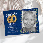 Cheers to Sixty Years 60th Birthday Photo Invitation<br><div class="desc">Celebrate the grand milestone of turning sixty with our elegant birthday party invitations. With a customisable trendy blue background, a personal photo spot, and golden accents, these invitations are sure to leave a lasting impression. The gold helium balloon details add a touch of magic, while the modern 60th birthday text...</div>