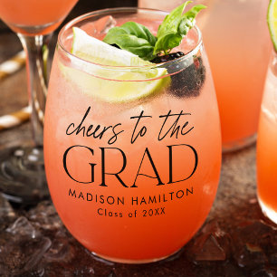 Cheers to the Grad Black Script Graduation Stemless Wine Glass