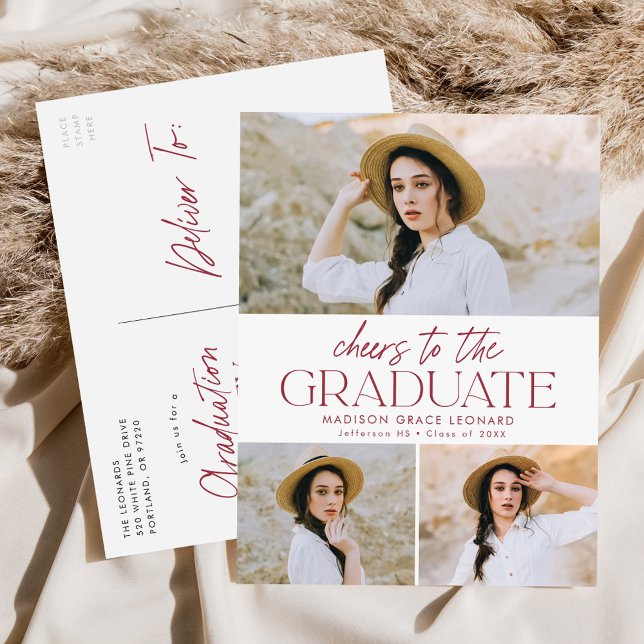 Cheers to the Grad Burgundy Graduation Party Invitation Postcard (Creator Uploaded)