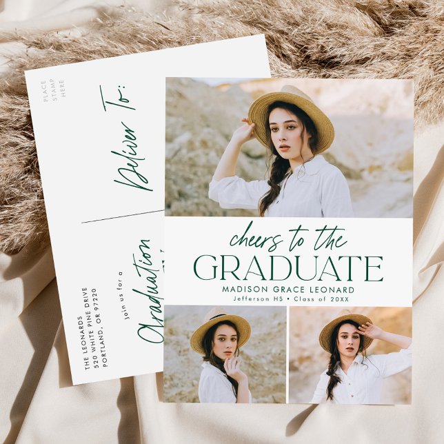 Cheers to the Grad Green 3 Photo Graduation Party Invitation Postcard (Creator Uploaded)