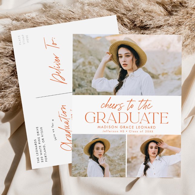 Cheers to the Grad Orange 3 Photo Graduation Party Invitation Postcard (Creator Uploaded)