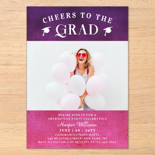 Cheers to the Grad Pink Purple Watercolor Photo Acrylic Invitations