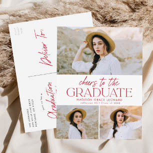 Cheers to the Grad Red 3 Photo Graduation Party Invitation Postcard