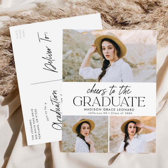 Cheers to the Grad Script 3 Photo Graduation Party Invitation Postcard (Creator Uploaded)