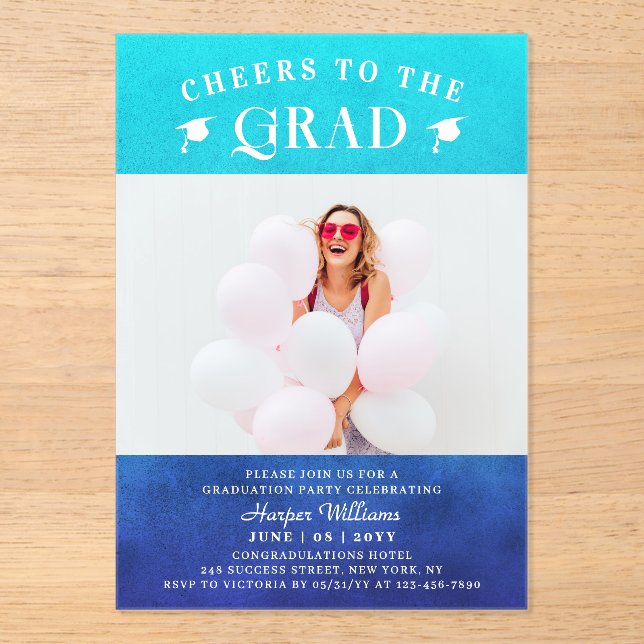 Cheers To The Grad Trendy Modern Photo Blue Acrylic Invitations (Front)