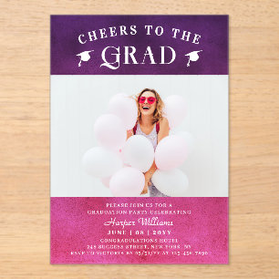 Cheers To The Grad Trendy Modern Photo Pink Purple Acrylic Invitations