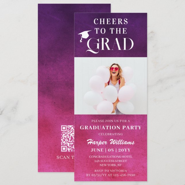 Cheers To The Grad Trendy Modern Photo Pink Purple Invitation (Front/Back)