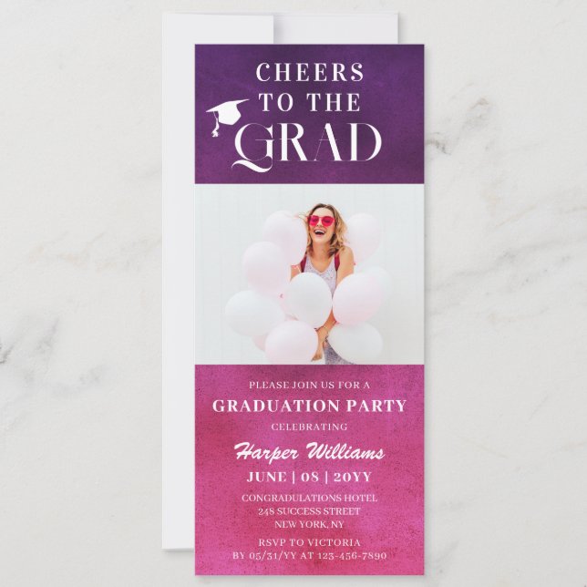 Cheers To The Grad Trendy Modern Photo Pink Purple Invitation (Front)
