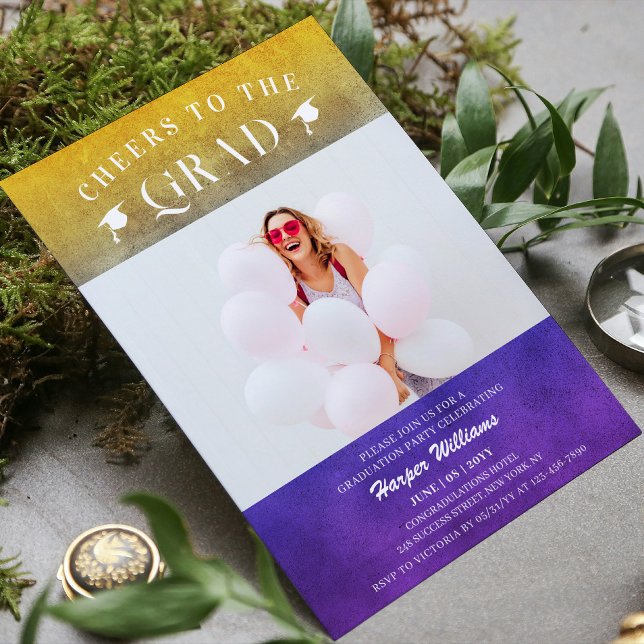 Cheers To The Grad Trendy Modern Photo Purple Gold Invitation (Creator Uploaded)