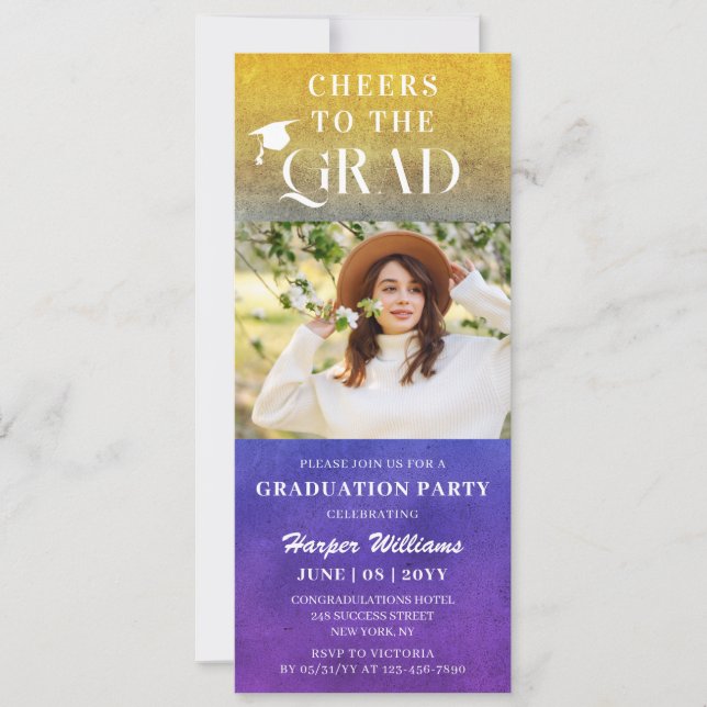Cheers To The Grad Trendy Modern Photo Purple Gold Invitation (Front)