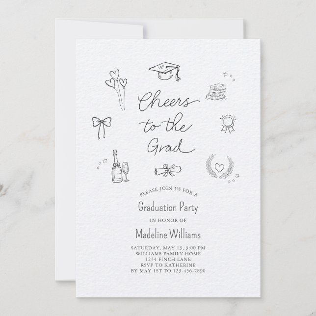 Cheers to the Grad Whimsical Doodle Graduation Invitation (Front)