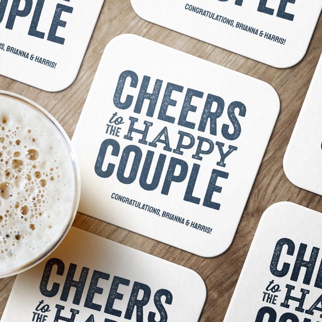 Cheers to the happy couple blue wedding rehearsal square paper coaster (Creator Uploaded)
