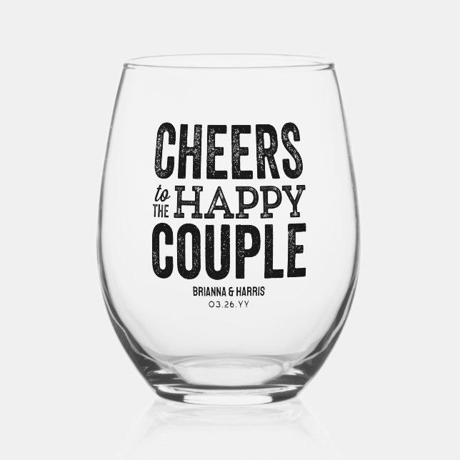 Cheers to the happy couple engaged wedding stemless wine glass (Front)