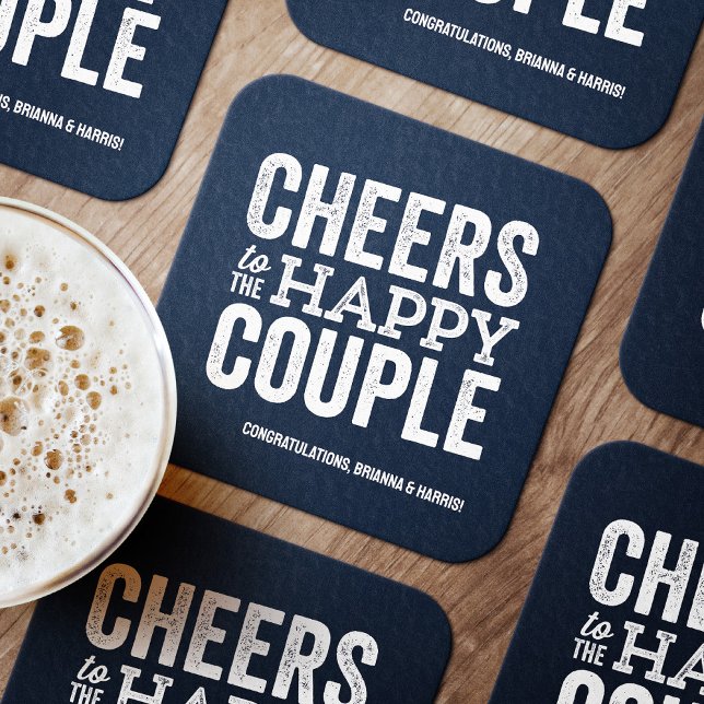 Cheers to the happy couple navy rehearsal dinner square paper coaster (Creator Uploaded)