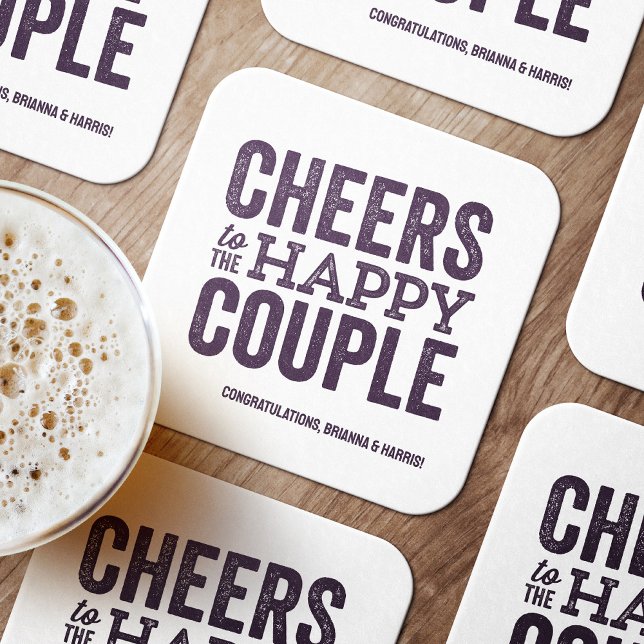 Cheers to the happy couple purple wedding square paper coaster (Creator Uploaded)