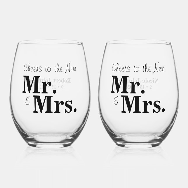 Cheers to the New Mr. & Mrs. Set of 2 Stemless Wine Glass (Front)