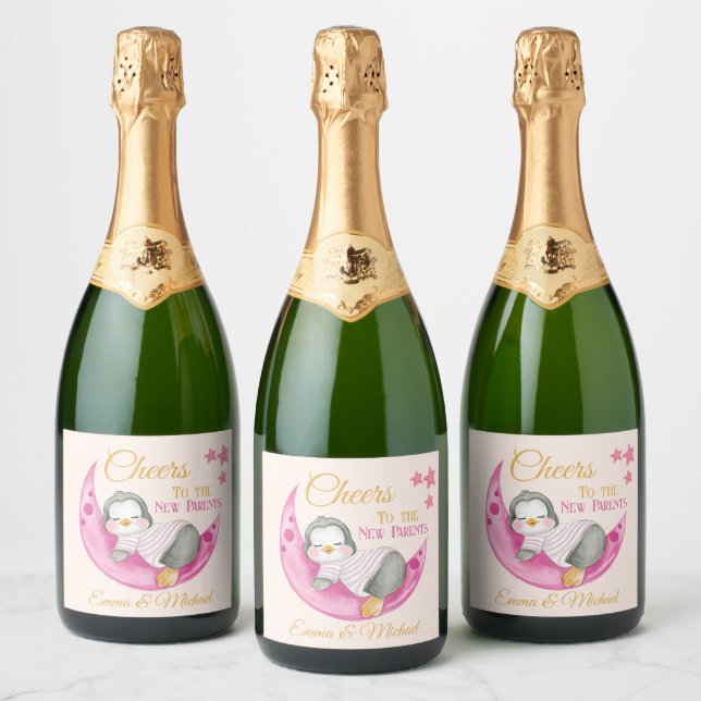 Cheers To The New Parents Pink Sleeping Penguin Sparkling Wine Label (Bottles)