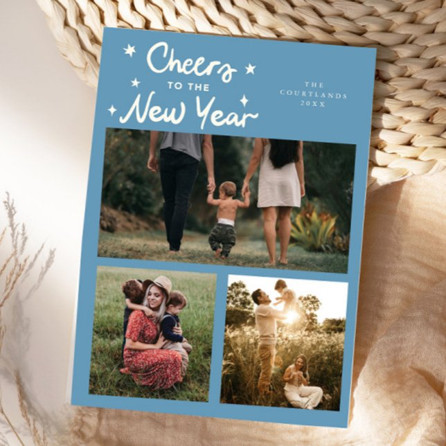 Cheers To The New Year Denim Blue Multi Photo Holiday Card (Creator Uploaded)