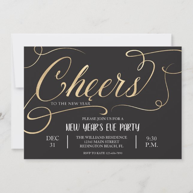 Cheers to the New Year Elegant Script Black Invitation (Front)