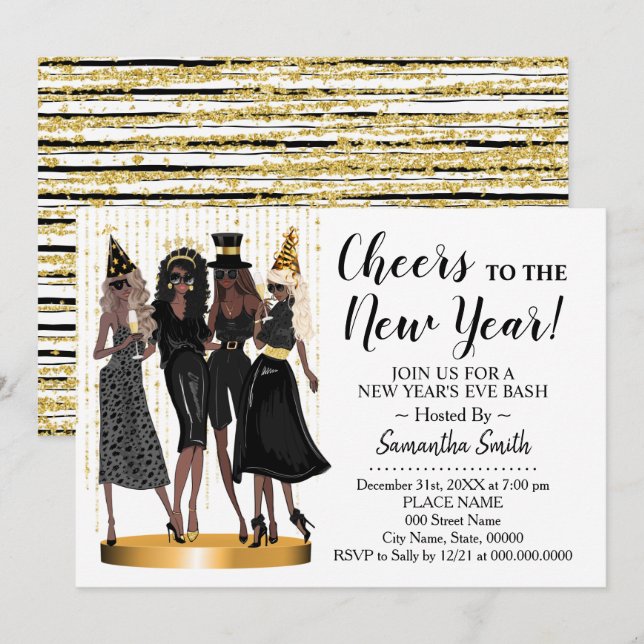 Cheers to the New Year Glitter Girls Night out Invitation (Front/Back)