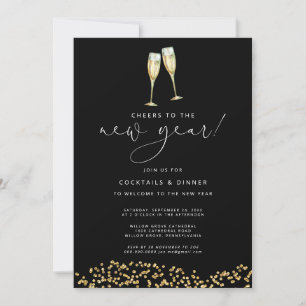 Cheers to the New Year Gold Glitter and black Invitation