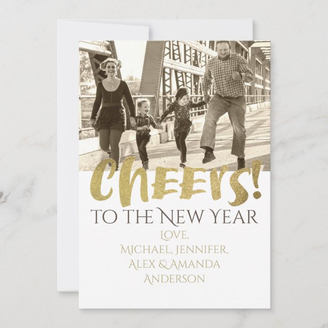 Cheers to the New Year Gold & White Photo Holiday Card (Front)