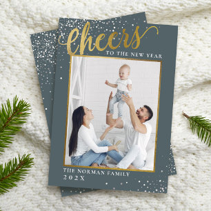 Cheers to the New Year Grey Gold Glitter Photo Holiday Card
