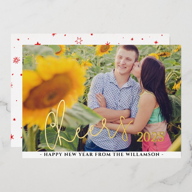 Cheers To The New Year | Horizontal Photo  Foil Holiday Card (Front/Back)