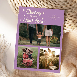 Cheers To The New Year Lilac Multi Photo Holiday Card