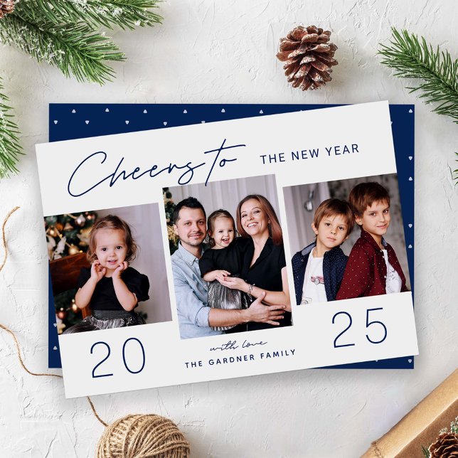 Cheers to the New Year Navy Blue 3 Photo Holiday Card (Creator Uploaded)