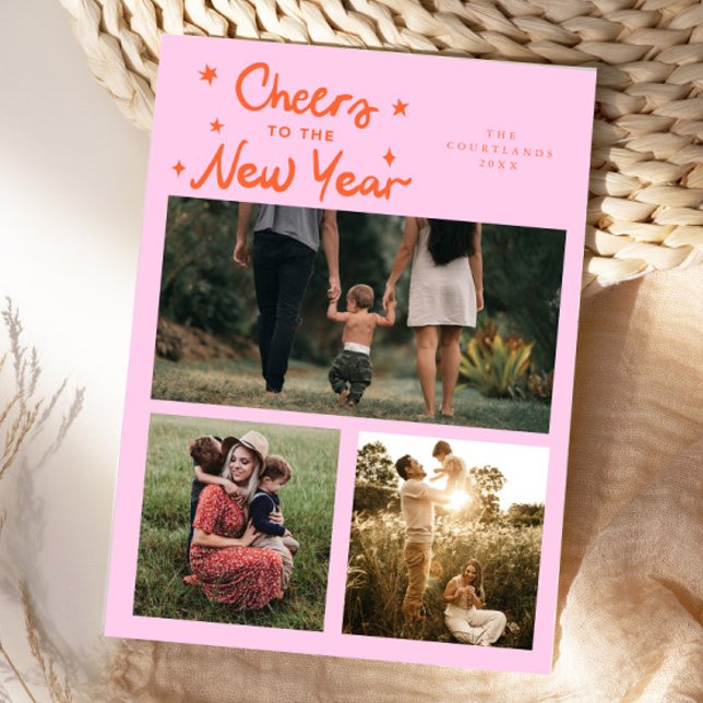Cheers To The New Year Orange Pink Multi Photo Holiday Card (Creator Uploaded)