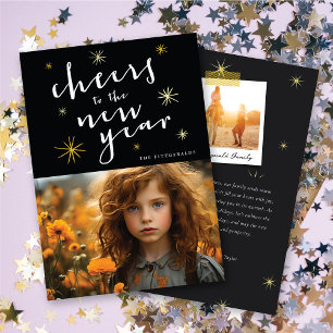 Cheers To The New Year Script Gold Starburst Photo Holiday Card