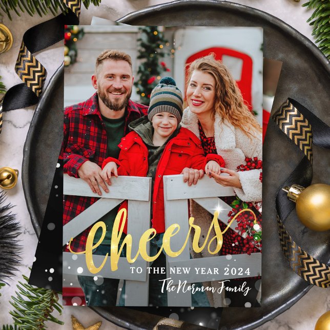 Cheers to the New Year Sparkle Light 2 Photo Black Holiday Card (Creator Uploaded)