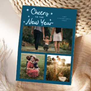 Cheers To The New Year Teal Multi Photo Holiday Card