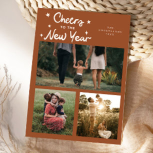 Cheers To The New Year Terracotta Multi Photo Holiday Card